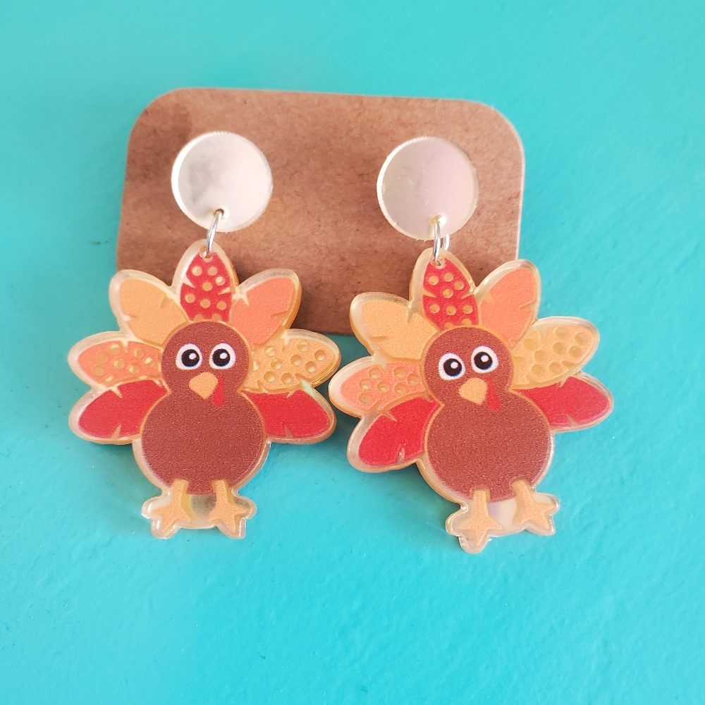 Acrylic Thanksgiving Turkey Earrings Drop Dangle NEW